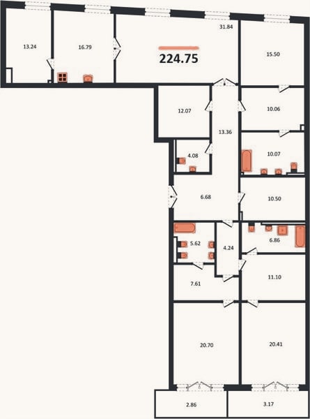 Планировка: 3-к, 224,8 м²