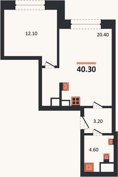 Планировка: 1-к, 40,3 м²