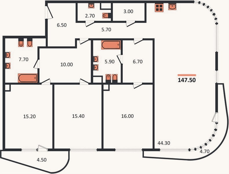Планировка: 3-к, 147,5 м²