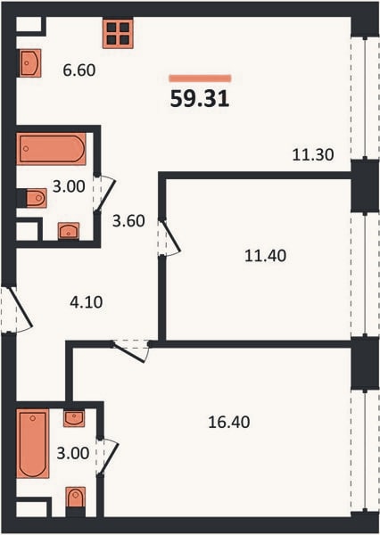 Планировка: 2-к, 59,3 м²