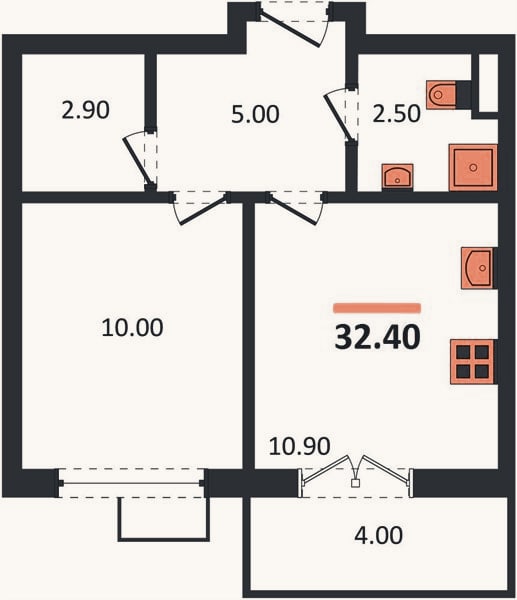Планировка: 1-к, 32,4 м²