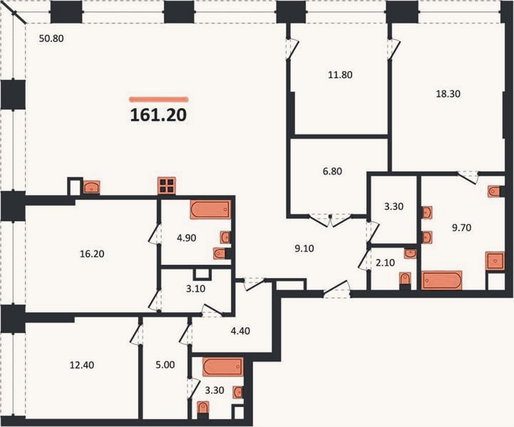 Планировка: 3-к, 161,2 м²
