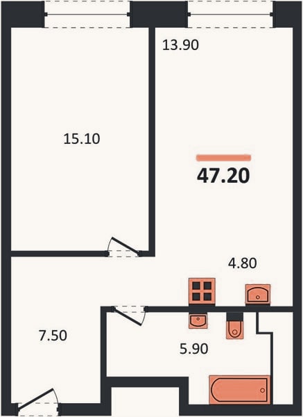 Планировка: 1-к, 47,2 м²