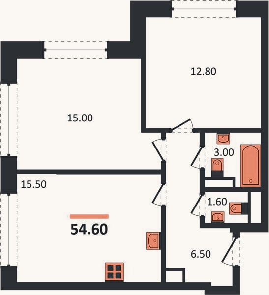 Планировка: 2-к, 54,6 м²