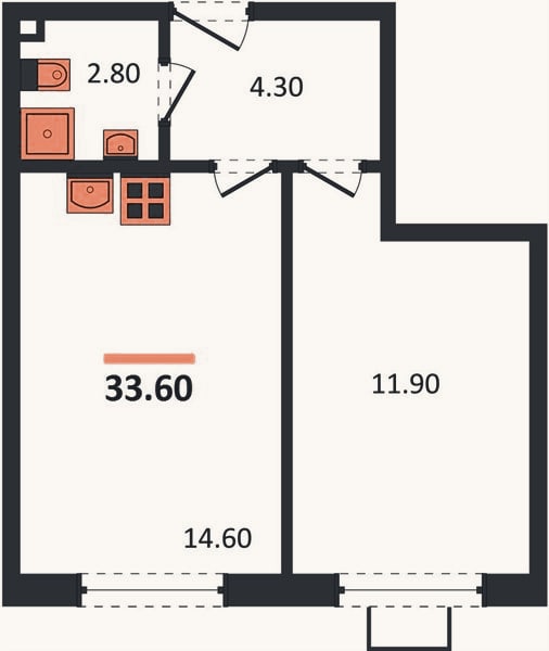 Планировка: 1-к, 33,6 м²