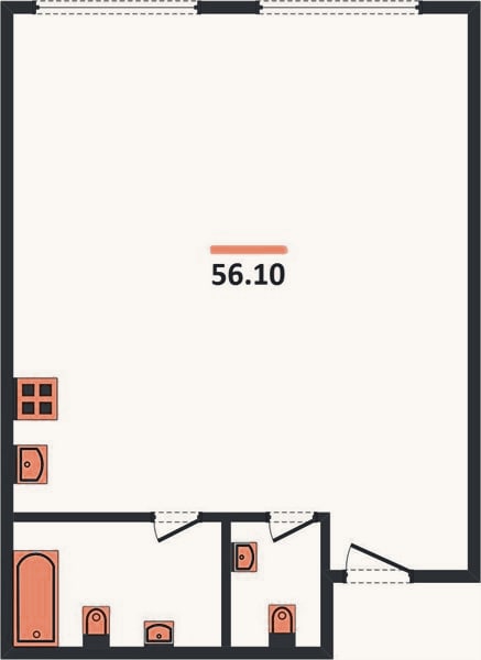 Планировка: 1-к, 56,1 м²