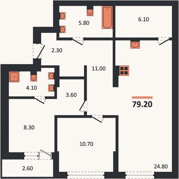 Планировка: 2-к, 79,2 м²