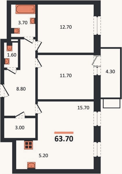 Планировка: 2-к, 63,7 м²