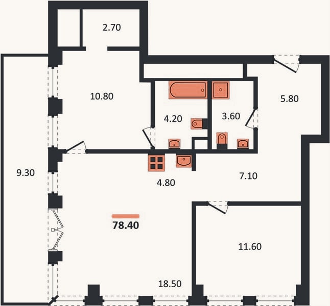 Планировка: 2-к, 78,4 м²