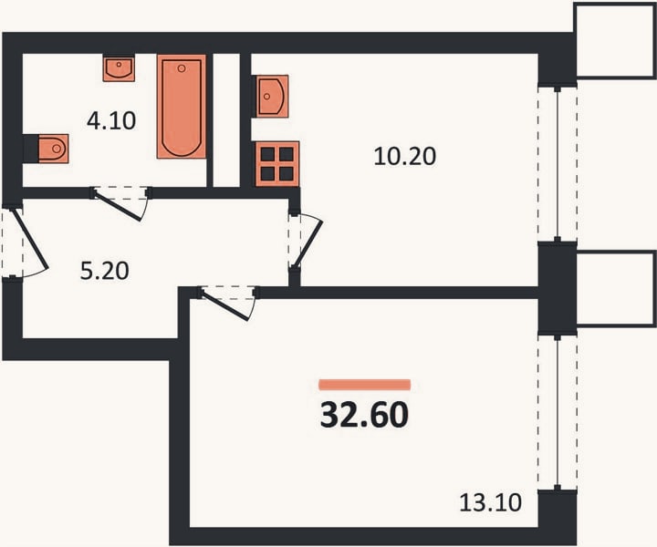 Планировка: 1-к, 32,6 м²