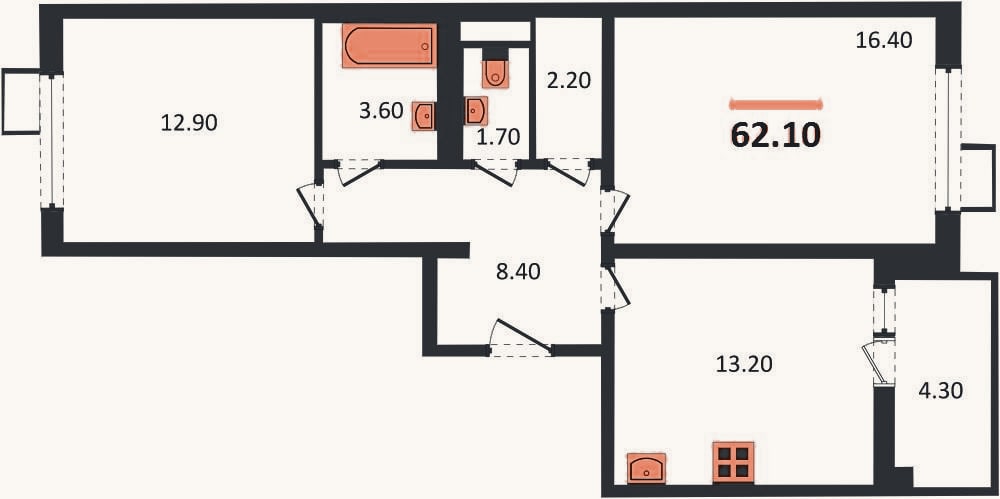 Планировка: 2-к, 62,1 м²