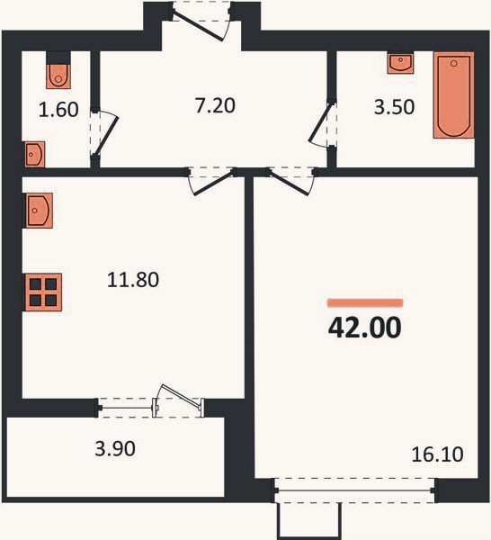Планировка: 1-к, 42 м²