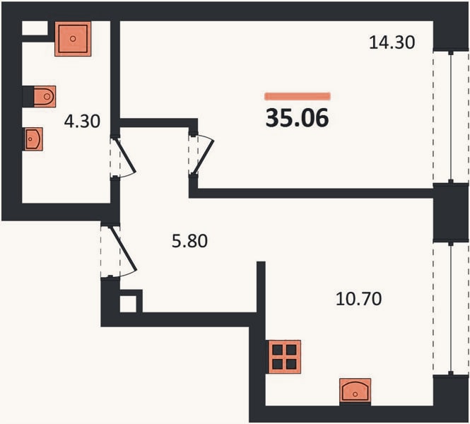 Планировка: 1-к, 35,1 м²