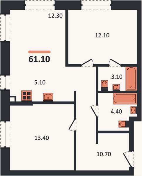 Планировка: 2-к, 61,1 м²