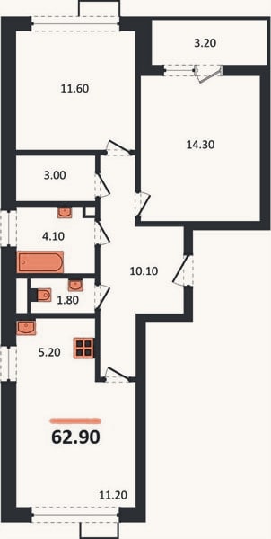 Планировка: 2-к, 62,9 м²
