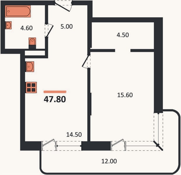 Планировка: 1-к, 47,8 м²