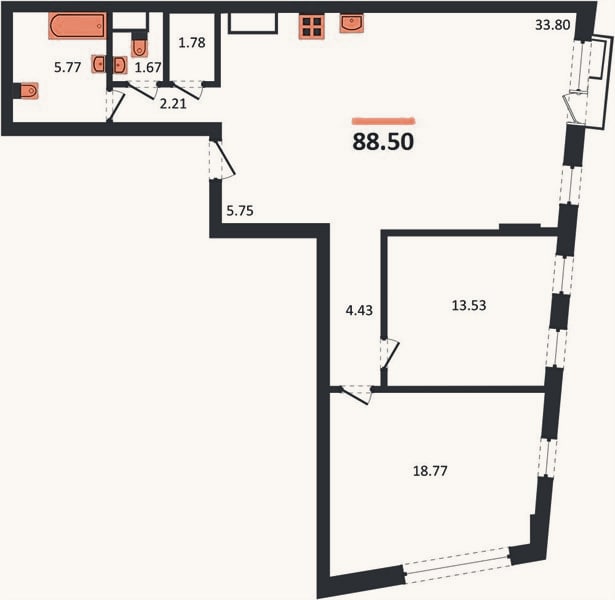 Планировка: 2-к, 88,5 м²