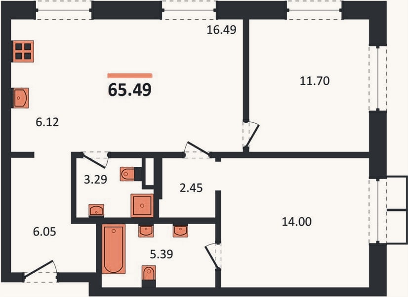 Планировка: 2-к, 65,5 м²