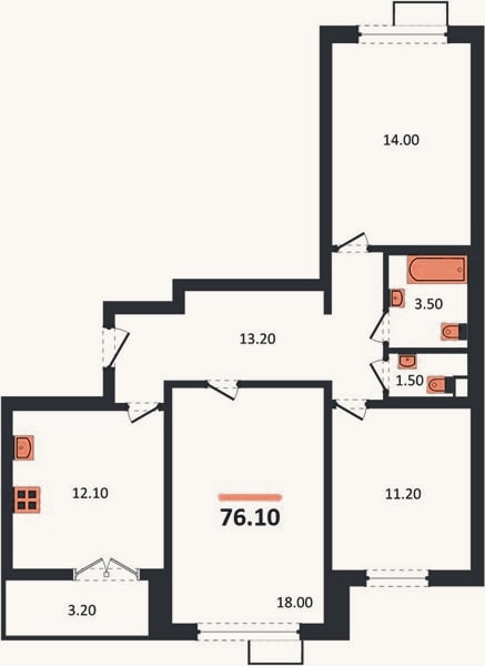 Планировка: 3-к, 76,1 м²