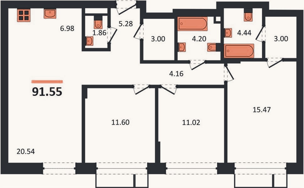 Планировка: 3-к, 91,6 м²
