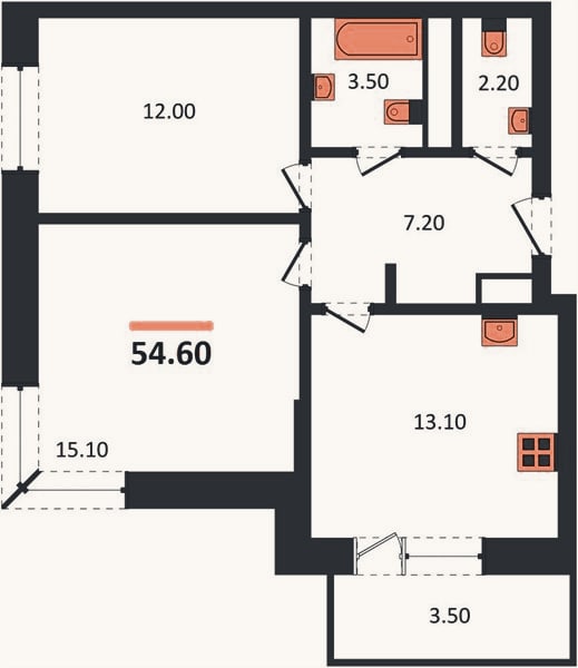 Планировка: 2-к, 54,6 м²