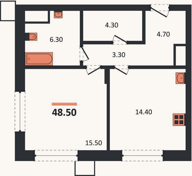 Планировка: 1-к, 48,5 м²