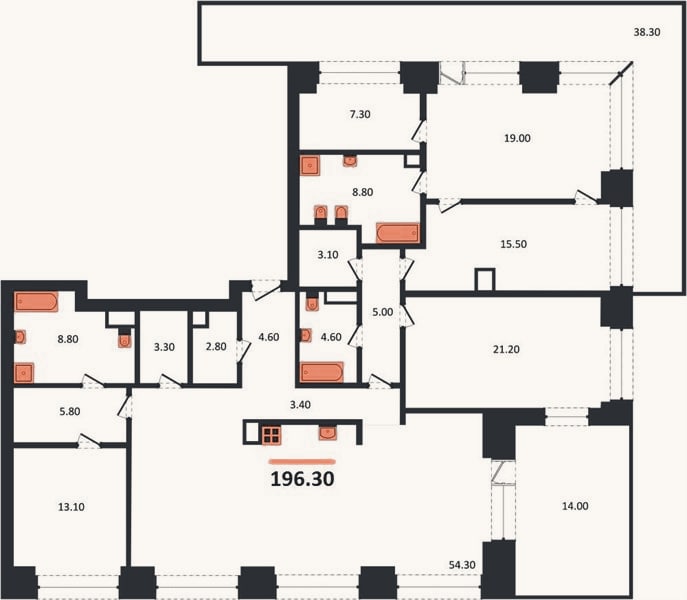 Планировка: 3-к, 196,3 м²
