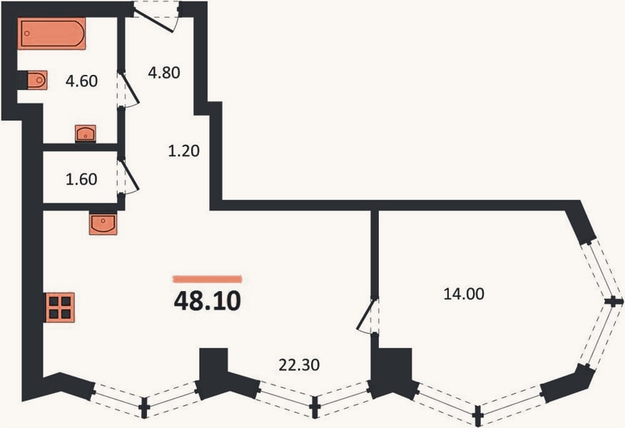 Планировка: 1-к, 48,1 м²