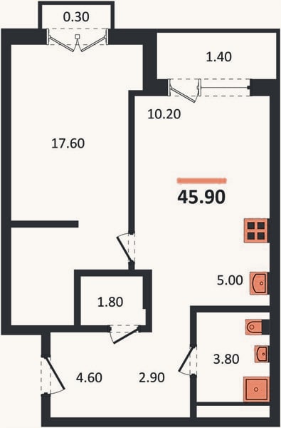 Планировка: 1-к, 45,9 м²