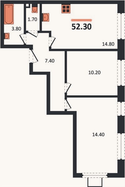 Планировка: 2-к, 52,3 м²