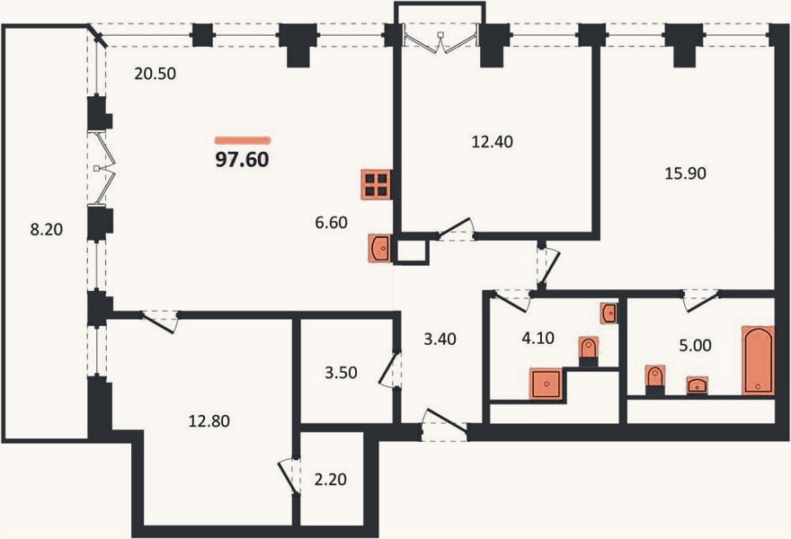Планировка: 3-к, 97,6 м²