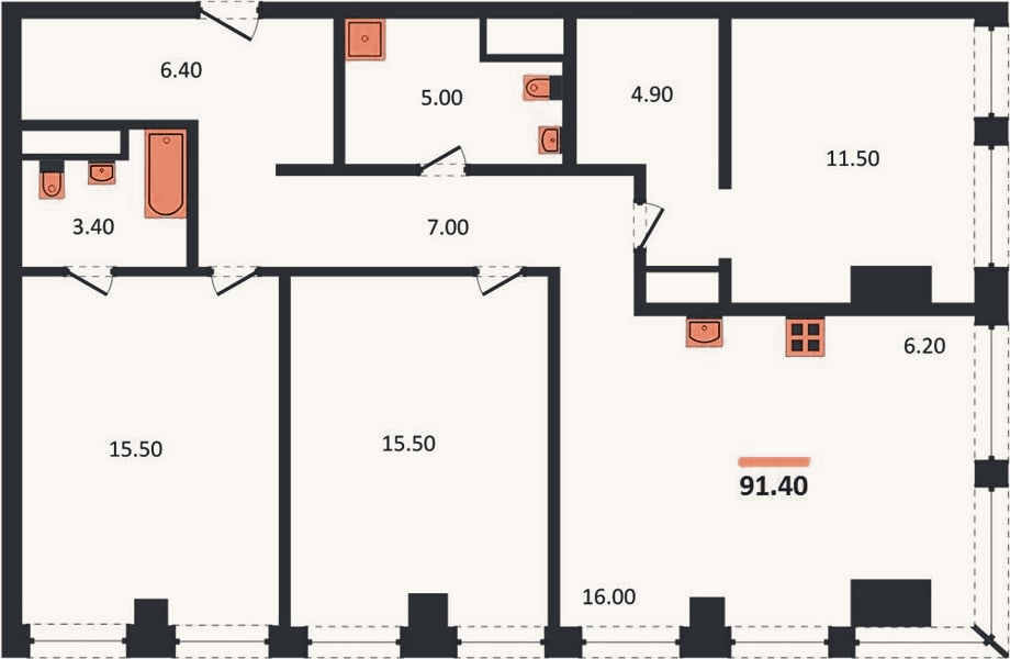 Планировка: 3-к, 91,4 м²