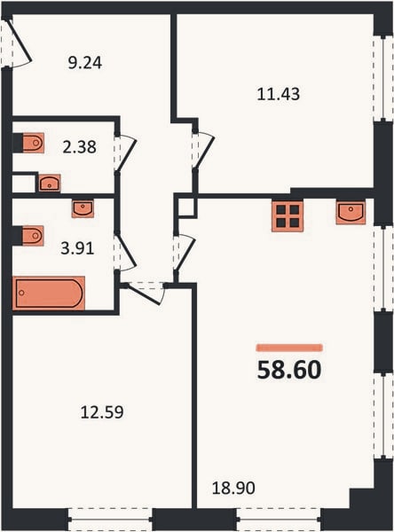 Планировка: 2-к, 58,6 м²