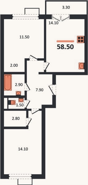Планировка: 2-к, 58,5 м²