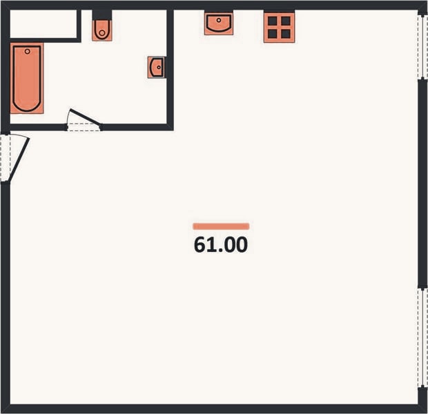 Планировка: 1-к, 61 м²