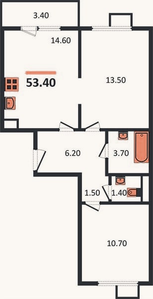 Планировка: 2-к, 53,4 м²