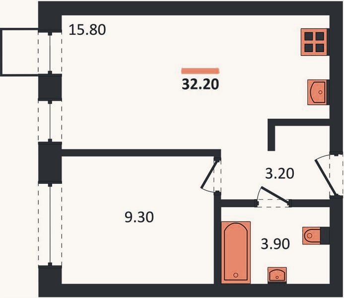 Планировка: 1-к, 32,2 м²