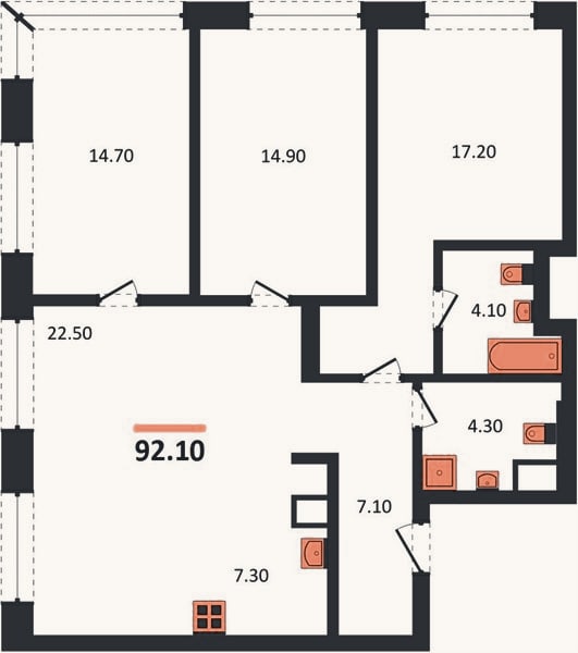 Планировка: 3-к, 92,1 м²