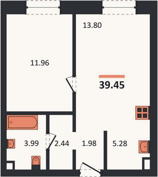 Планировка: 1-к, 39,5 м²
