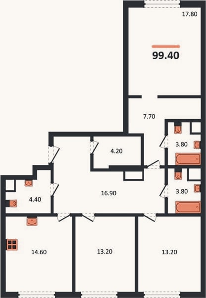 Планировка: 3-к, 99,4 м²