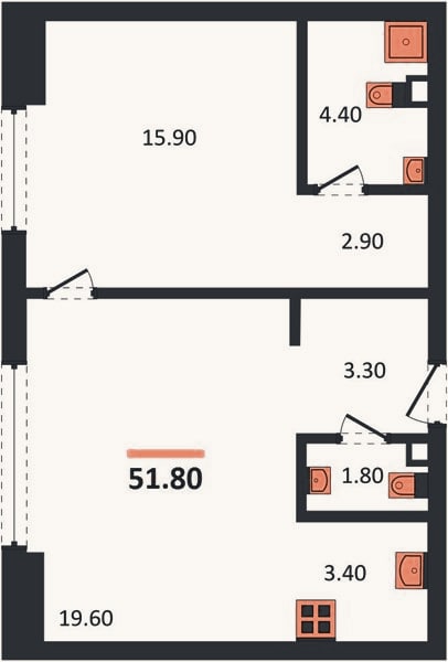 Планировка: 1-к, 51,7 м²