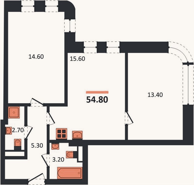 Планировка: 2-к, 54,8 м²