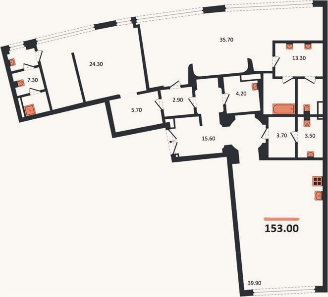 Планировка: 2-к, 153 м²
