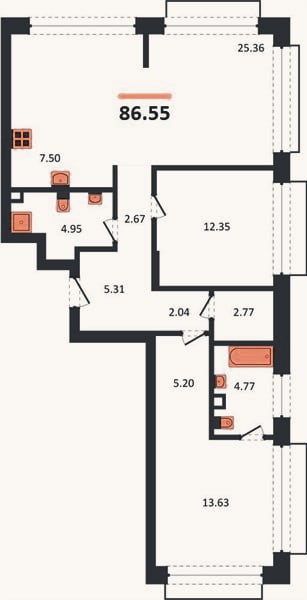 Планировка: 2-к, 86,6 м²