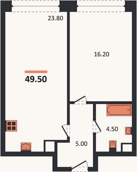 Планировка: 1-к, 49,5 м²