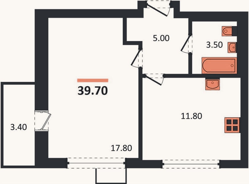 Планировка: 1-к, 39,7 м²