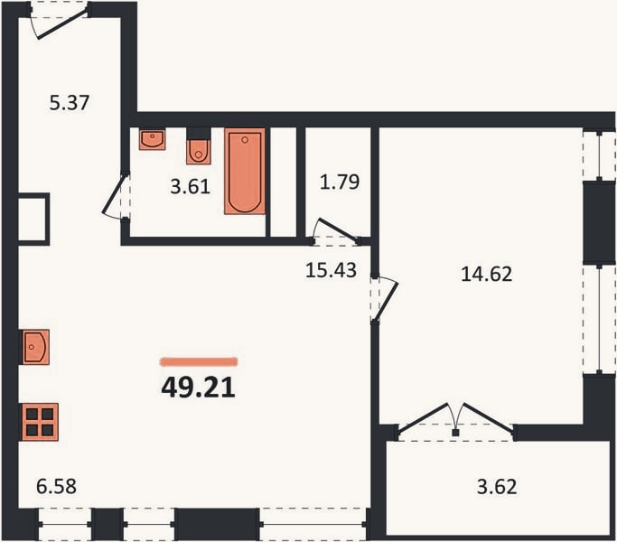 Планировка: 1-к, 49,2 м²