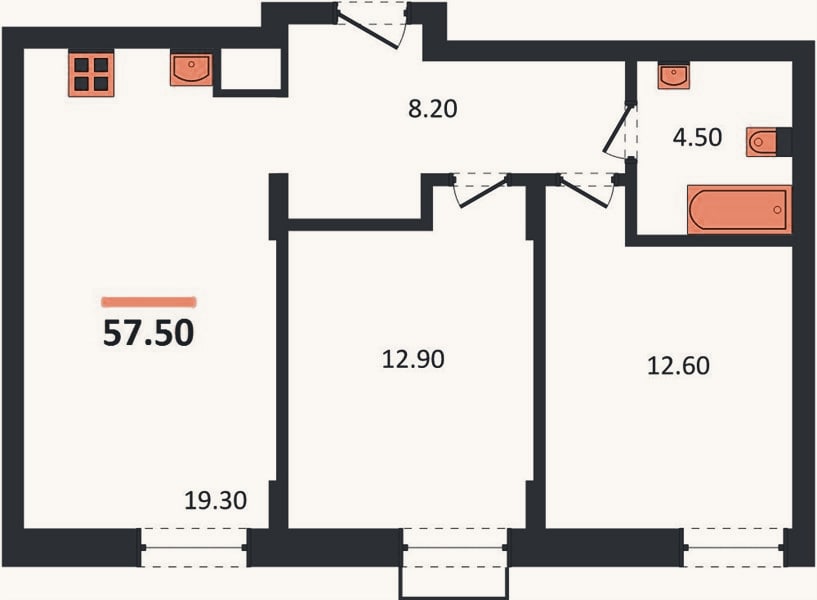 Планировка: 2-к, 57,5 м²
