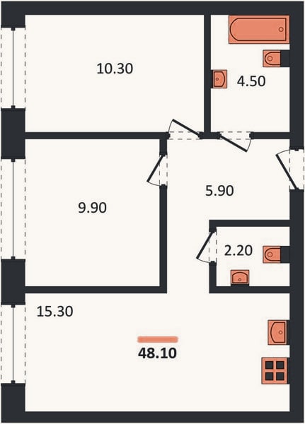 Планировка: 2-к, 48,1 м²