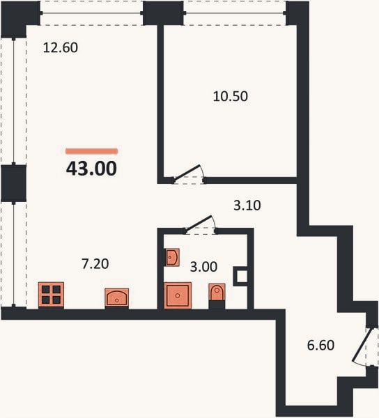 Планировка: 1-к, 43,6 м²